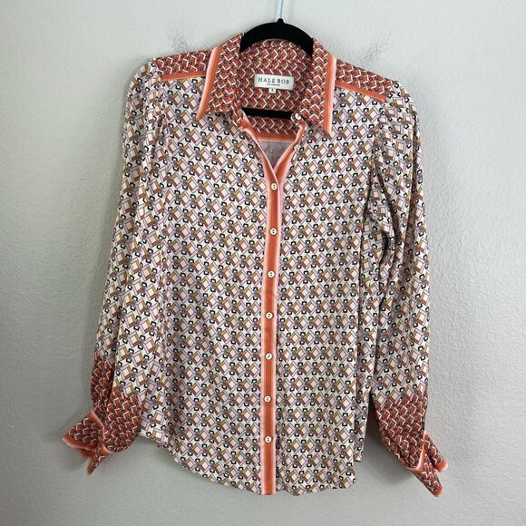Hale Bob Womens Small Long Sleeve Button Up Blouse Geometric Orange White Shirt - Picture 10 of 13